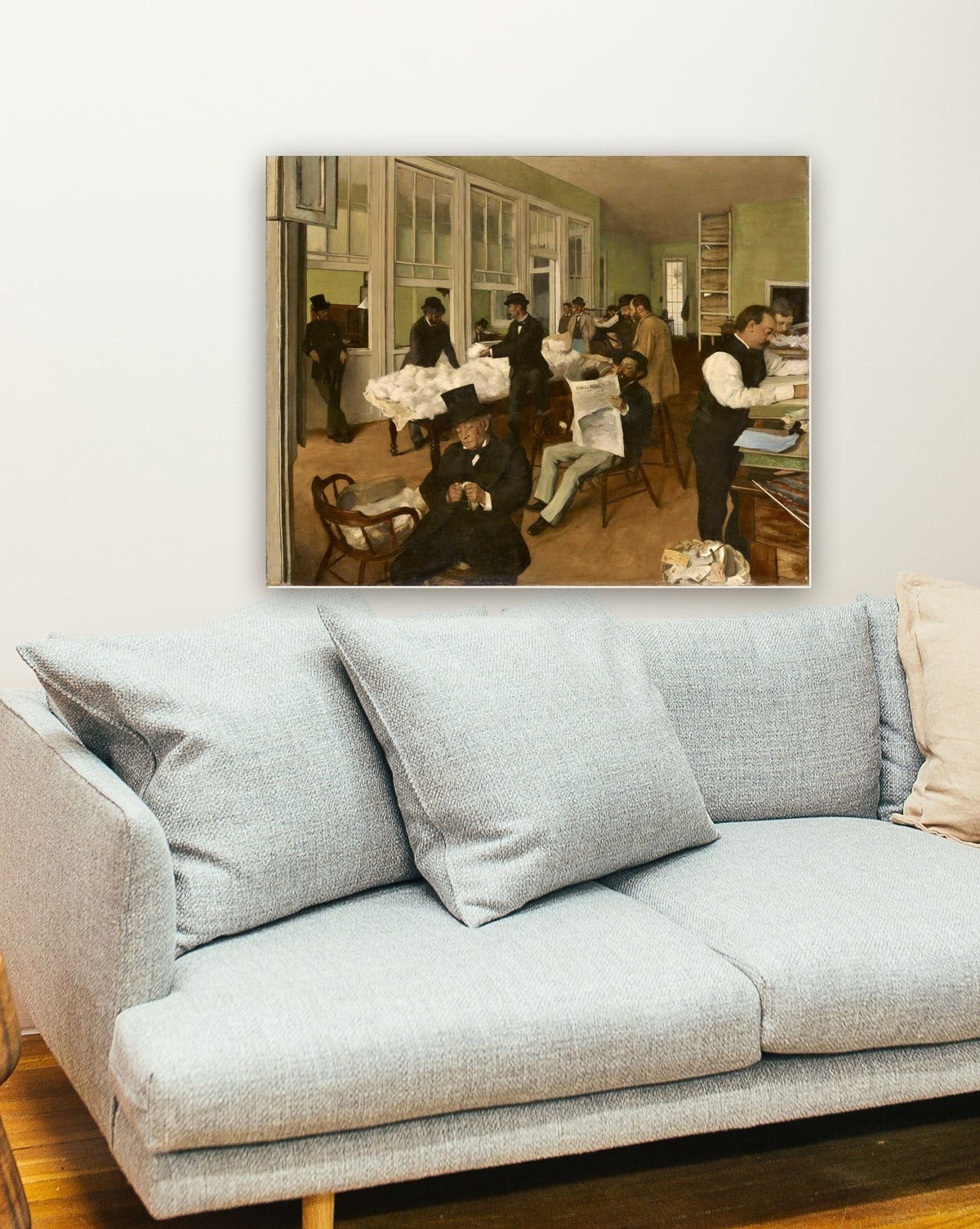Escritório de Algodão em Nova Orleans (1873) de Edgar Degas na parede de uma sala