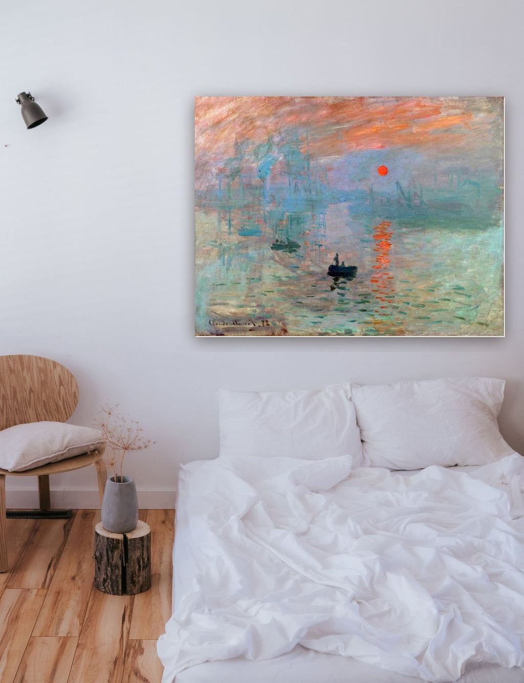 Impressão, Nascer do Sol de Claude Monet na parede de um quarto