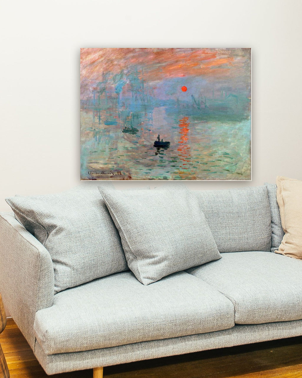 Impressão, Nascer do Sol de Claude Monet na parede de uma sala