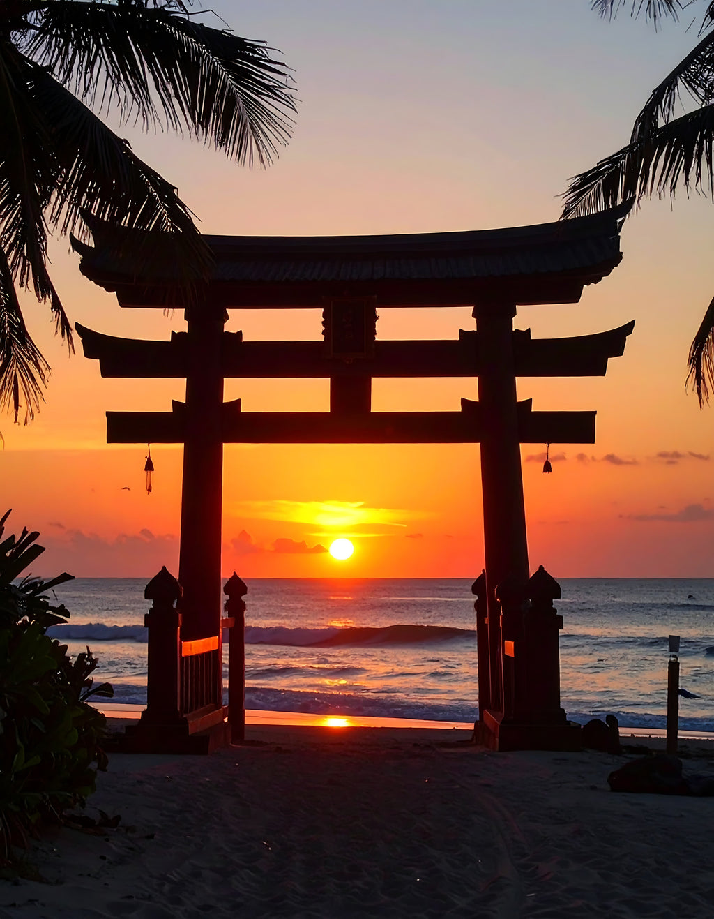 Portão torii tradicional japonês ao pôr do sol