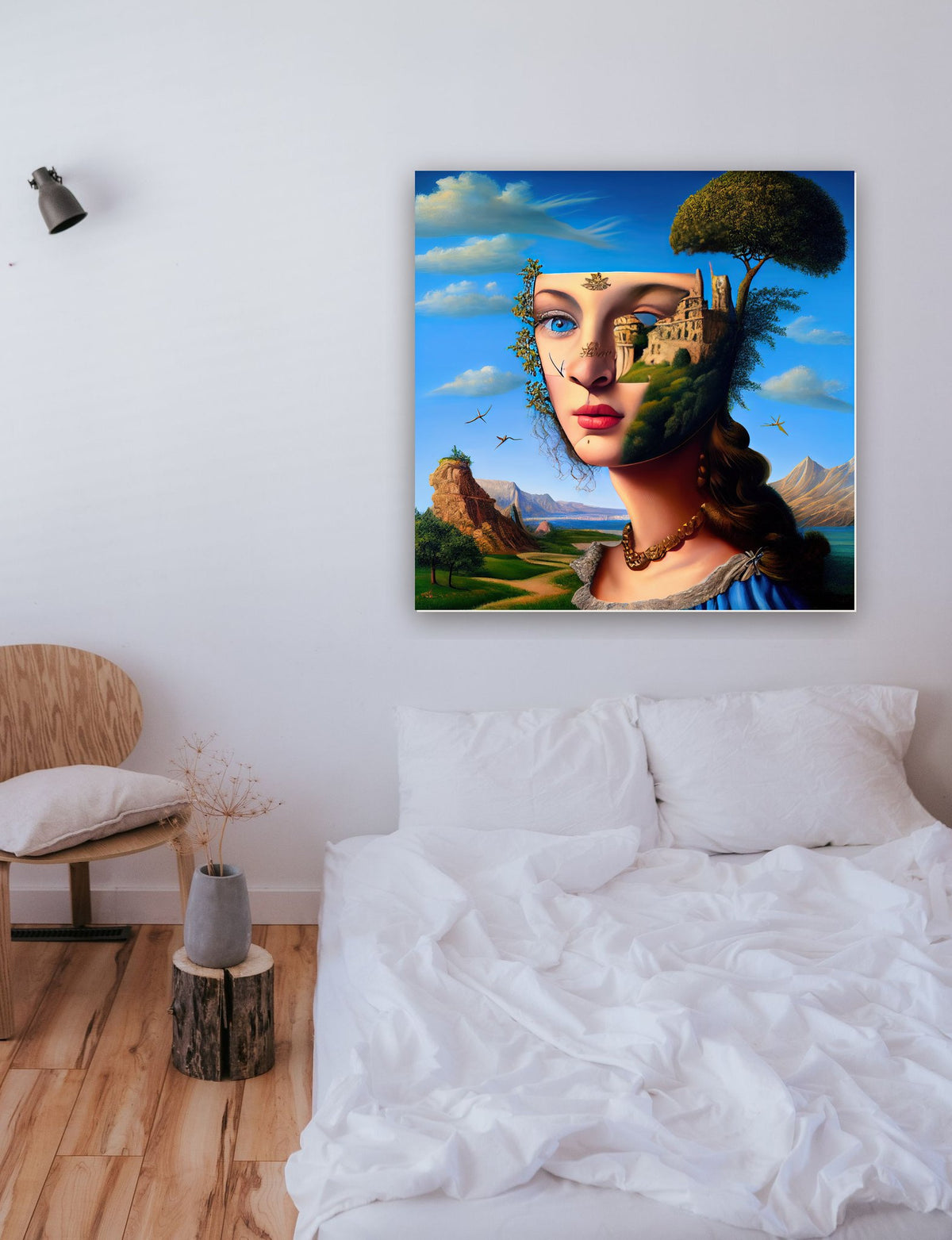 Retrato surreal de paisagem na parede de um quarto