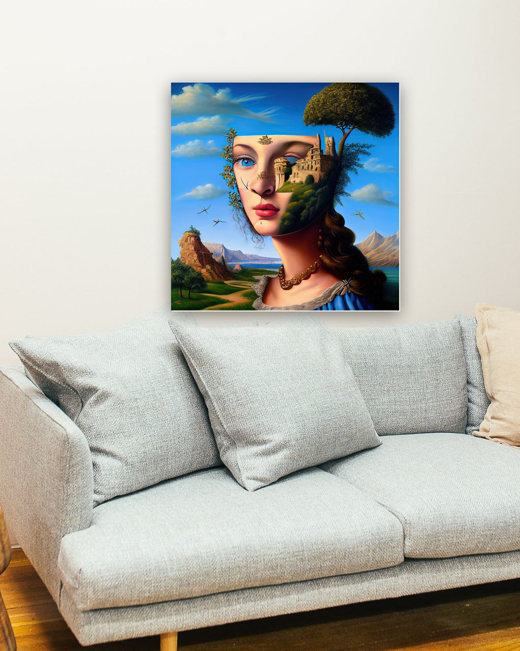 Retrato surreal de paisagem na parede de uma sala