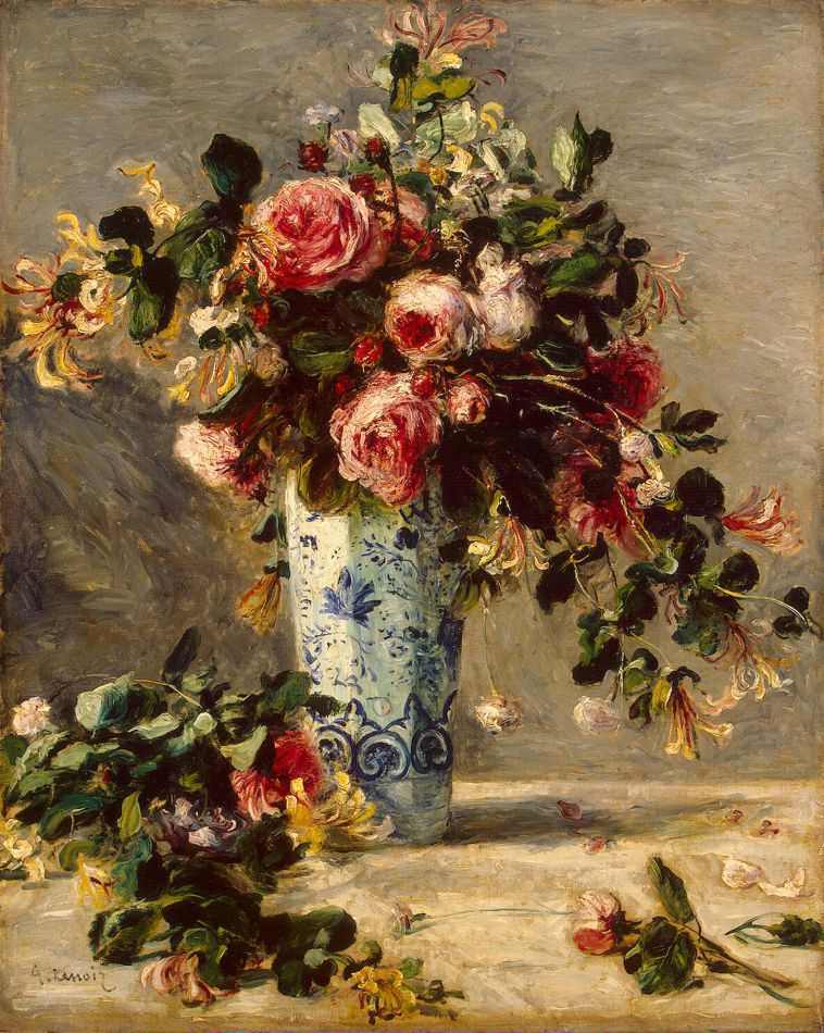 Rosas e Jasmins em um Vaso Delft de Pierre-Auguste Renoir