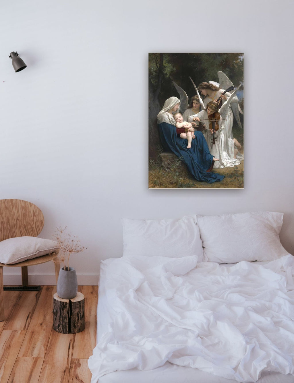 Som dos Anjos de William Bouguereau na parede de um quarto