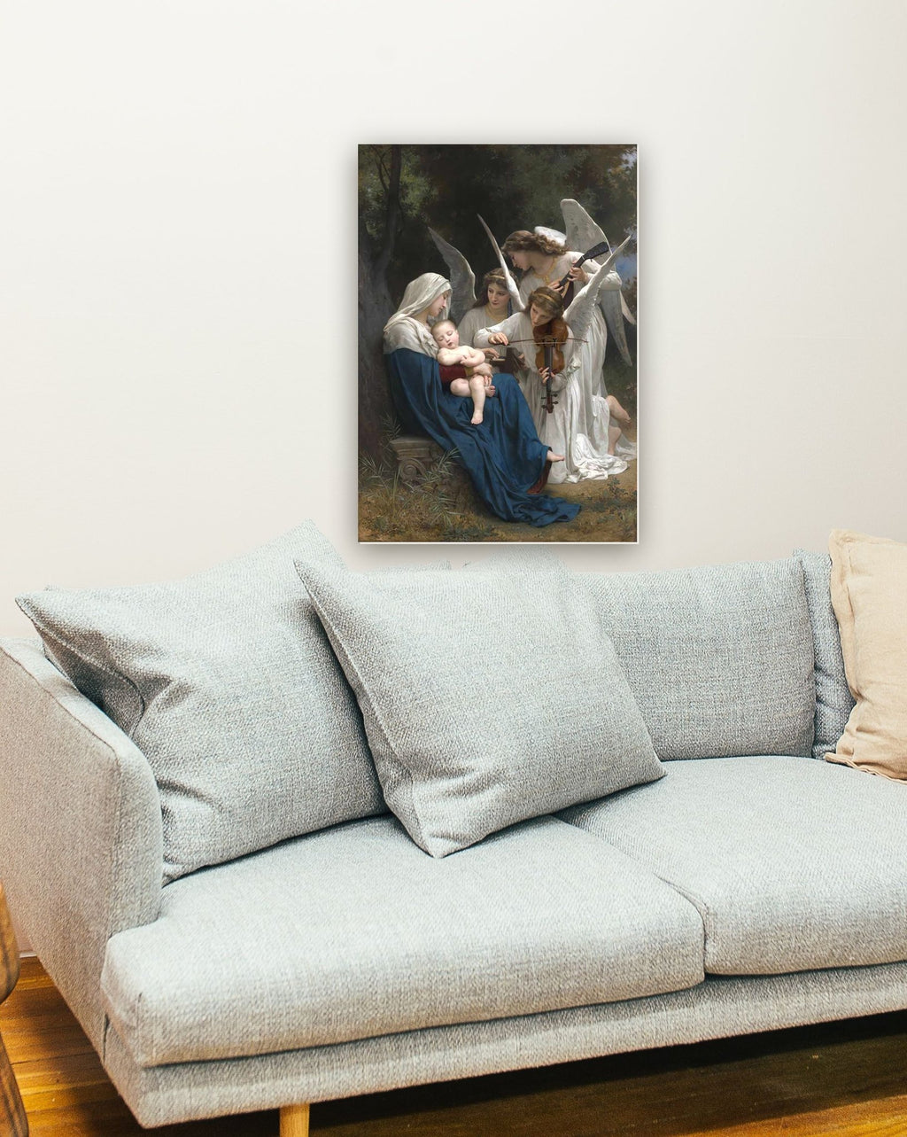 Som dos Anjos de William Bouguereau na parede de uma sala