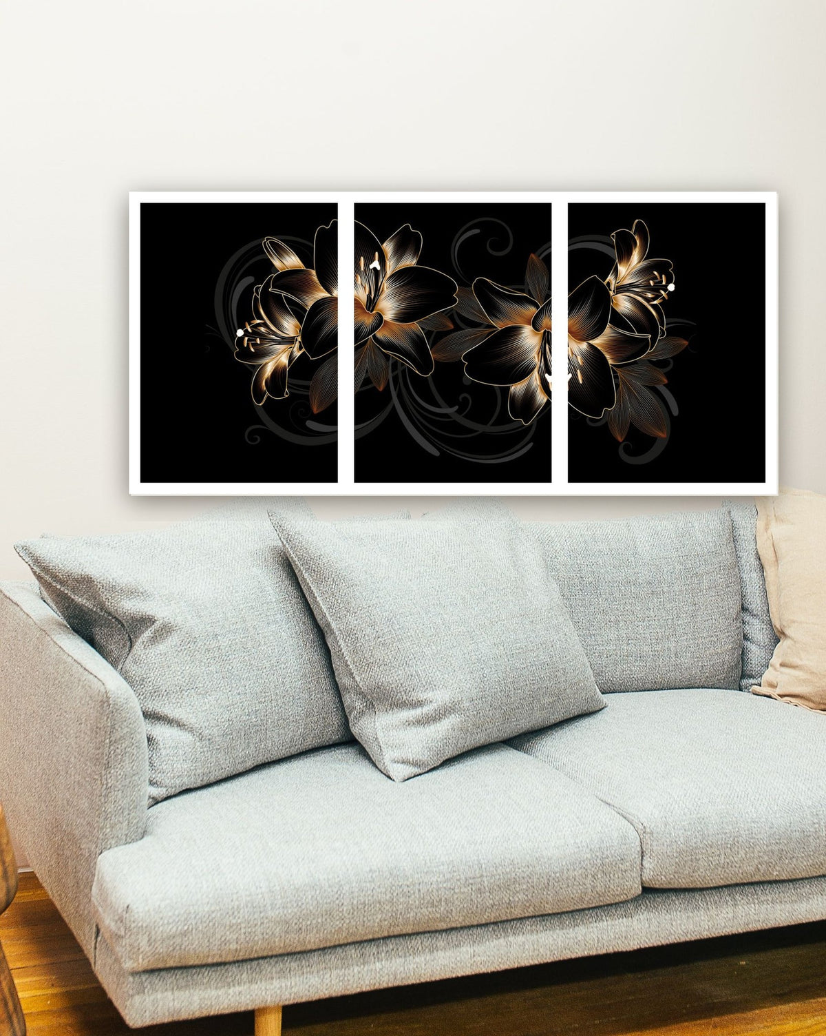 Trio Golden Flower (Medidas de cada parte) na parede de uma sala
