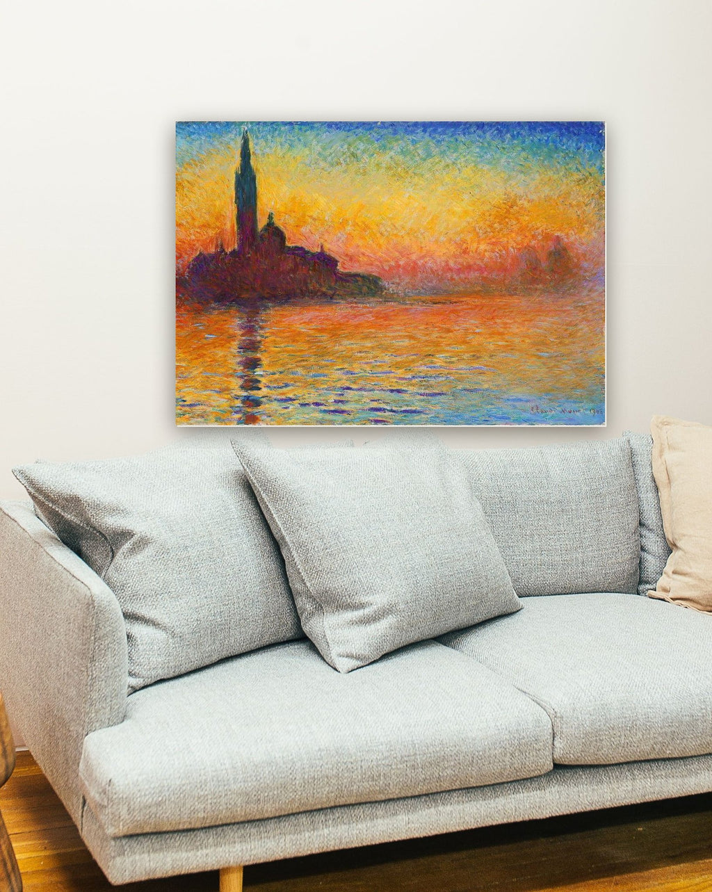 Veneza ao Pôr do Sol de Claude Monet na parede de uma sala