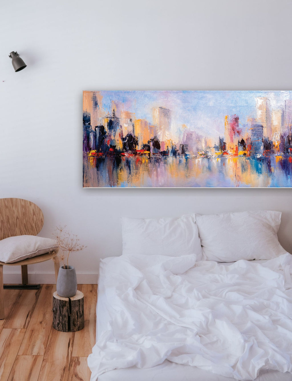 Vista panorâmica da cidade abstrata na parede de um quarto